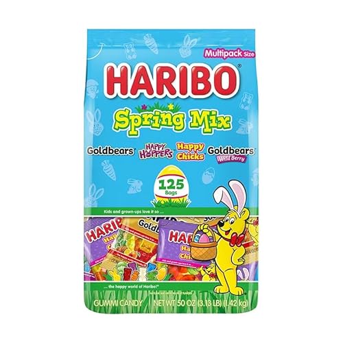 HARIBO Spring Mix Gummy Candy, 125 Bags (50 oz Total) - Goldbears, Happy Hoppers & Happy Chicks Assorted Gummies