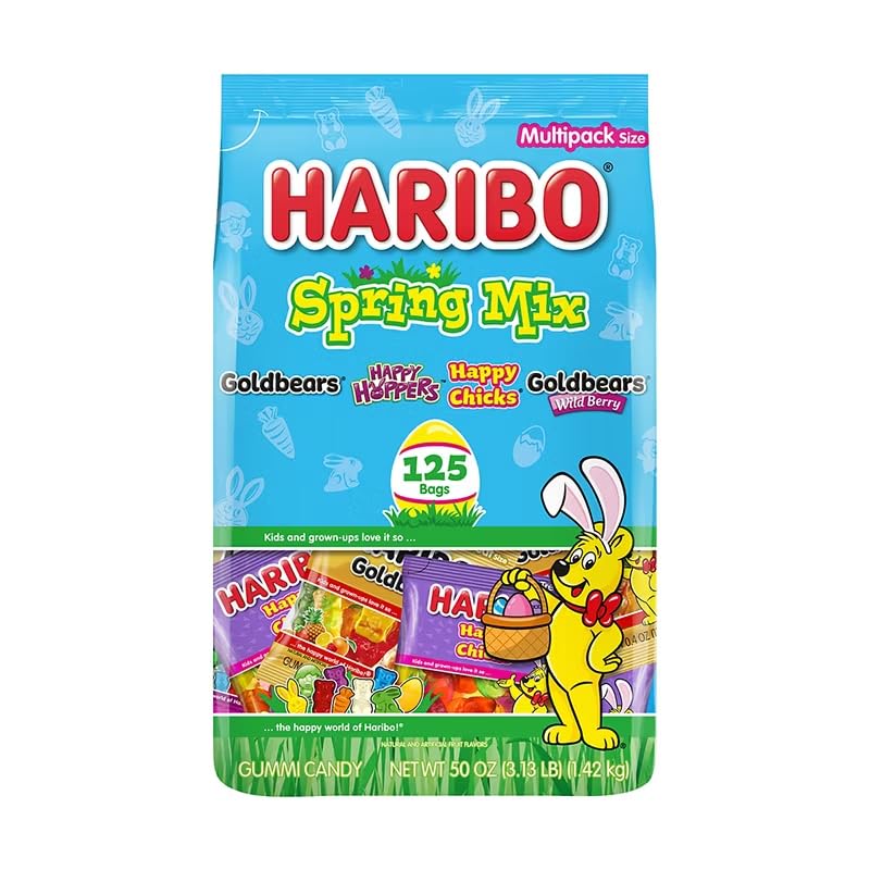 HARIBO Spring Mix Gummy Candy, 125 Bags (50 oz Total) - Goldbears, Happy Hoppers & Happy Chicks Assorted Gummies