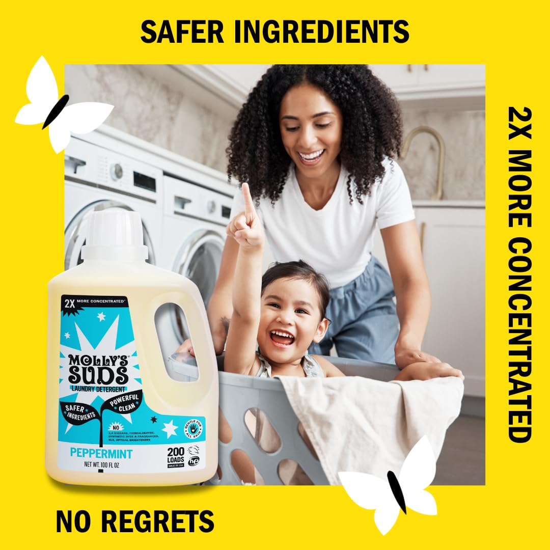 Molly's Suds Liquid Laundry Detergent | Clean Laundry Detergent Soap for Sensitive Skin | 2x Concentrated, High Efficiency (HE) | Peppermint - 100