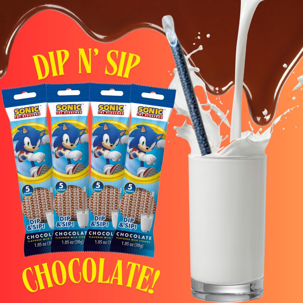 Sonic The Hedgehog Magically Flavored Dip & Sip Milk Straws - Chocolate, 4-Pack Bundle (20 Straws) Milk Flavoring Sipping for Kids, Drinks & Cereal |