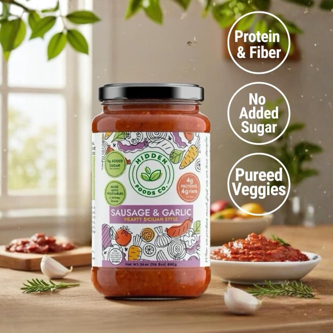 Hidden Foods Sausage & Garlic Hearty Sicilian Style Sauce, 4g Protein & 4g Fiber, No Added Sugar, Slow Cooked Italian Flavor, Made With Hidden