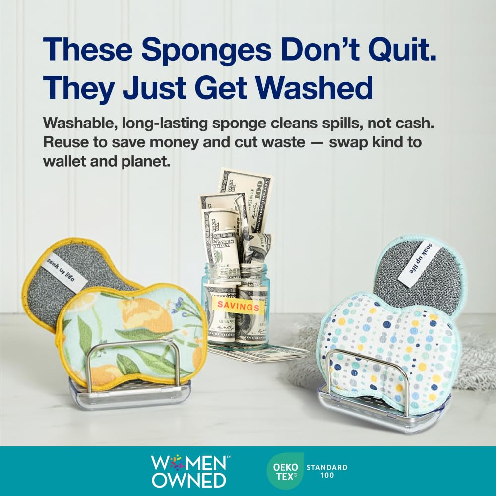 Bright Habits Sponge Set in Dot Blue, 6 Pack Super Absorbent Washable Reusable Cleaning Sponges Made from Recycled Materials, Durable Eco Friendly