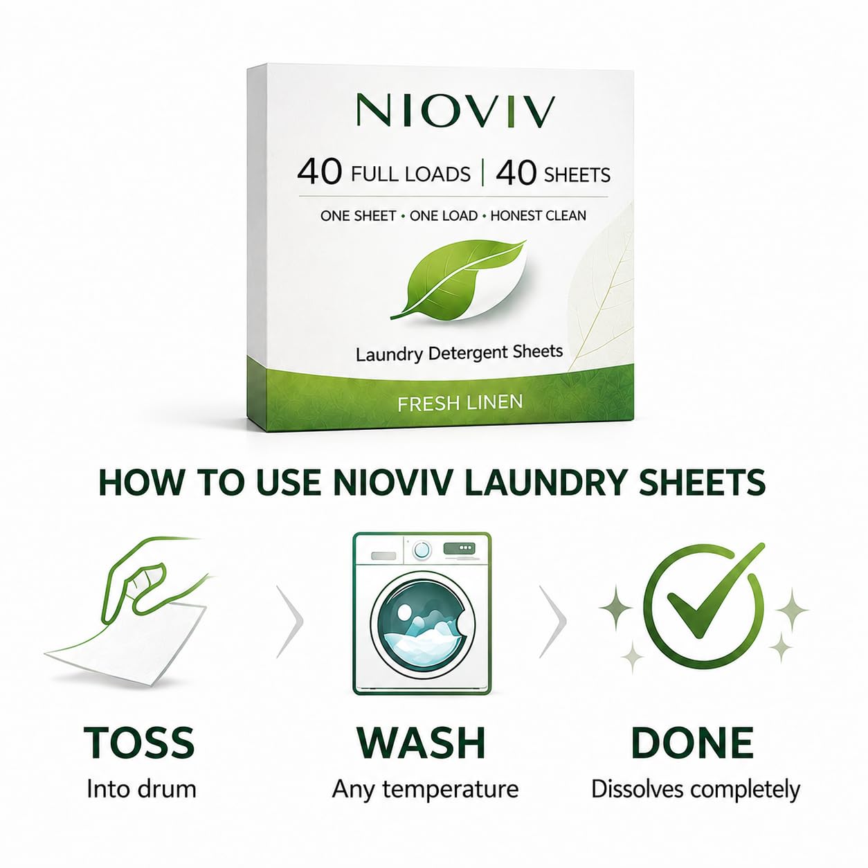 Nioviv Laundry Detergent Sheets - 40 Full Loads - Travel Laundry Sheets, No Mess No Measuring - Plant-Based, Plastic-Free - Hypoallergenic Fresh Linen