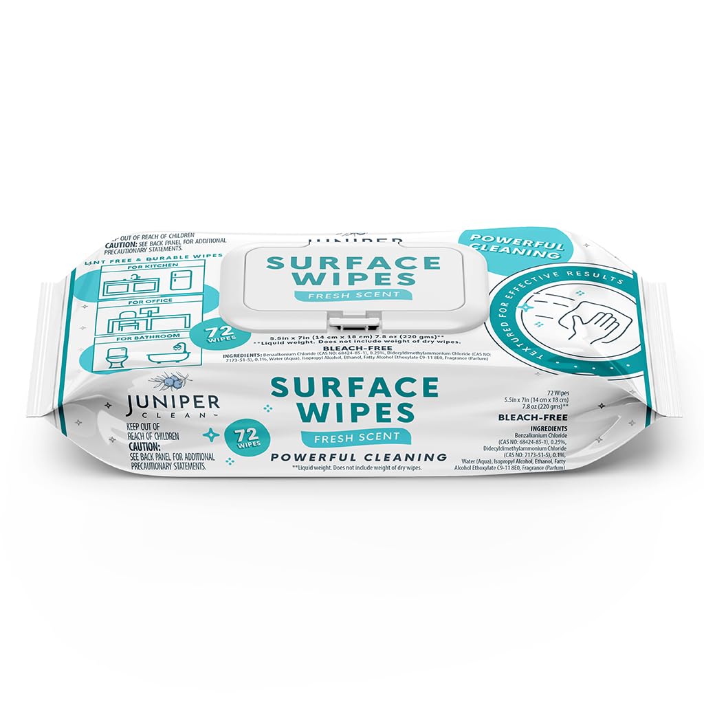 Juniper CLEAN 1 Pack Surface Cleaning Wipes Bleach Free, All-Purpose Cleaner for Bathroom, Kitchen, Office, 72 Count Soft Flow, Fresh Scent, Lint Free