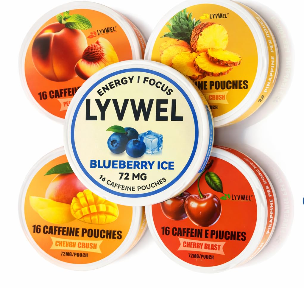 LyvWel Caffeine Dip Pouches| Nootropic Energy| Variety Pack Caffeine Pouches, 5 Flavors - Pineapple Crush, Mango Crush, Cherry Blast, Peach Iced Tea