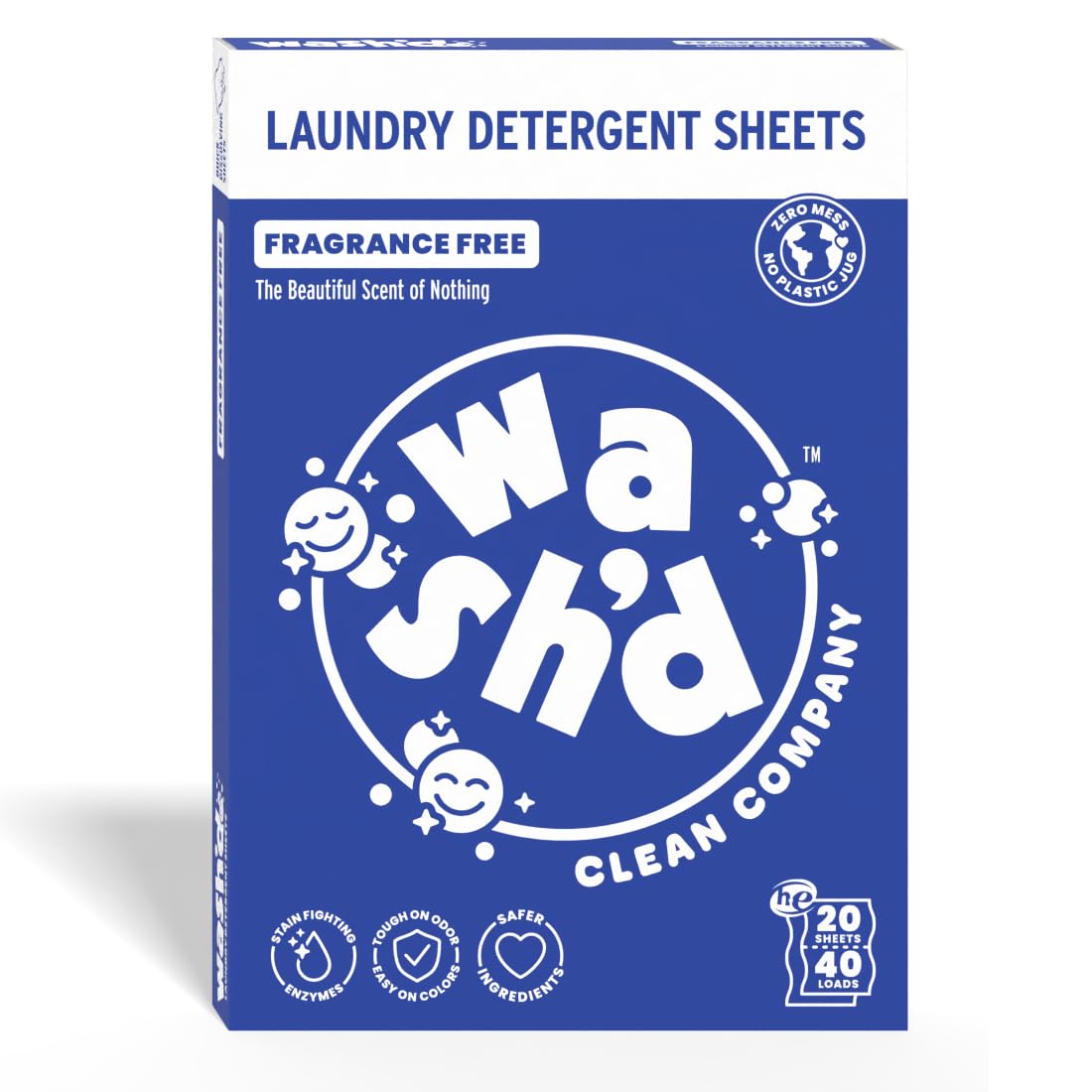 Wash'd Laundry Detergent Sheets - Baby & Sensitive Skin Safe - Hypoallergenic Unscented Free and Clear - Stain Fighting Enzymes - Plastic Free Travel