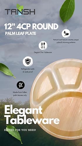 TANSH Compostable 12 Inch Palm Leaf (Areca) 4 Comparment Round Plates (50 Count), Biodegradable, Eco-Friendly, Microwave & Oven Safe