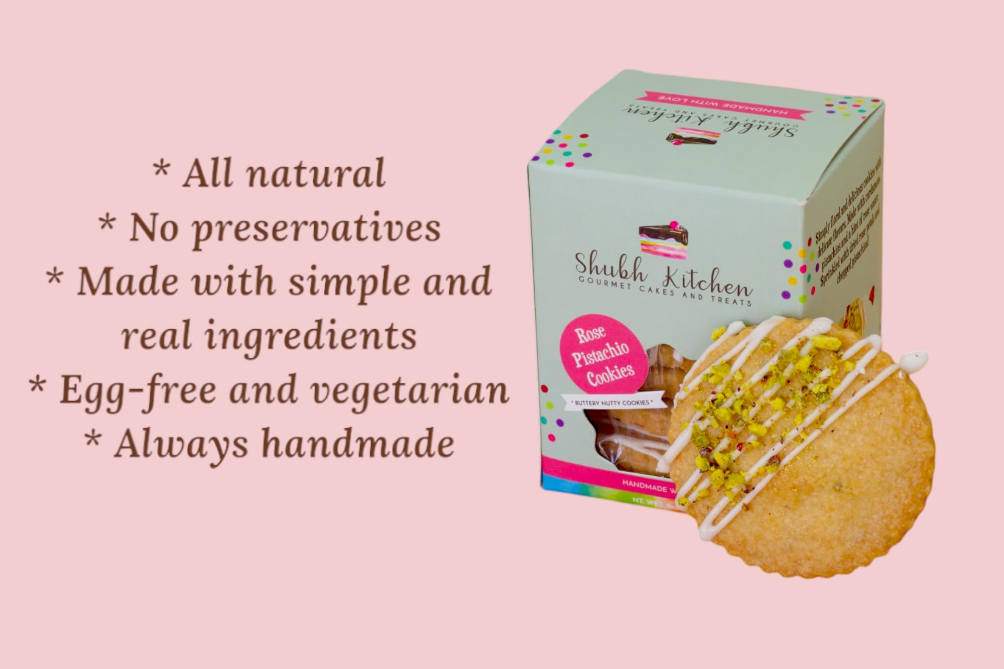 Rose Pistachio Cookies- Gourmet Indian Cookies, 100% Egg-Free & Vegetarian, Handmade with Real Butter & Pistachios, No Preservatives, Authentic