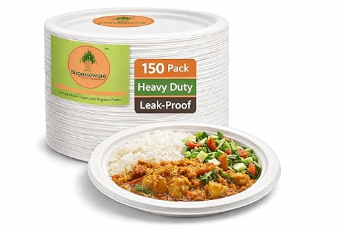 BAGASSEWARE 7-Inch Eco Plates | 150 Count Durable Disposable Tableware | Biodegradable Sugarcane Bagasse | Microwave & Freezer Friendly |