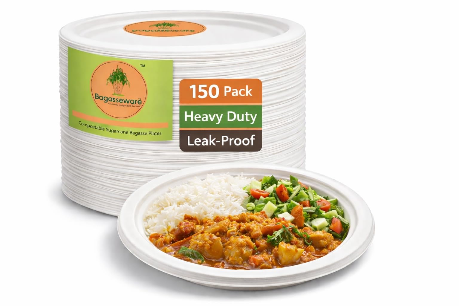 BAGASSEWARE 7-Inch Eco Plates | 150 Count Durable Disposable Tableware | Biodegradable Sugarcane Bagasse | Microwave & Freezer Friendly |