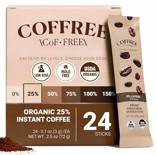 COFFREE Organic Instant Coffee Packets - Mold Free, Low Acid, Single-Origin Arabica - Low Caffeine Individual Single Serve Coffee Sticks - Travel