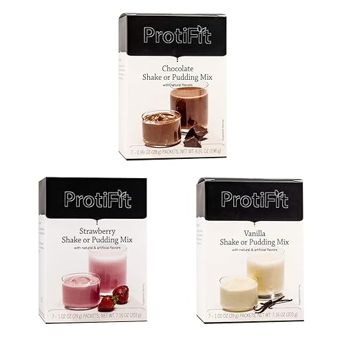 PROTIFIT - High Protein Pudding and Shake Mix 3 Pack, Favorites Bundle: Chocolate, Strawberry, Vanilla, Meal Replacement, 7 Servings Per Box, (3 Pack)