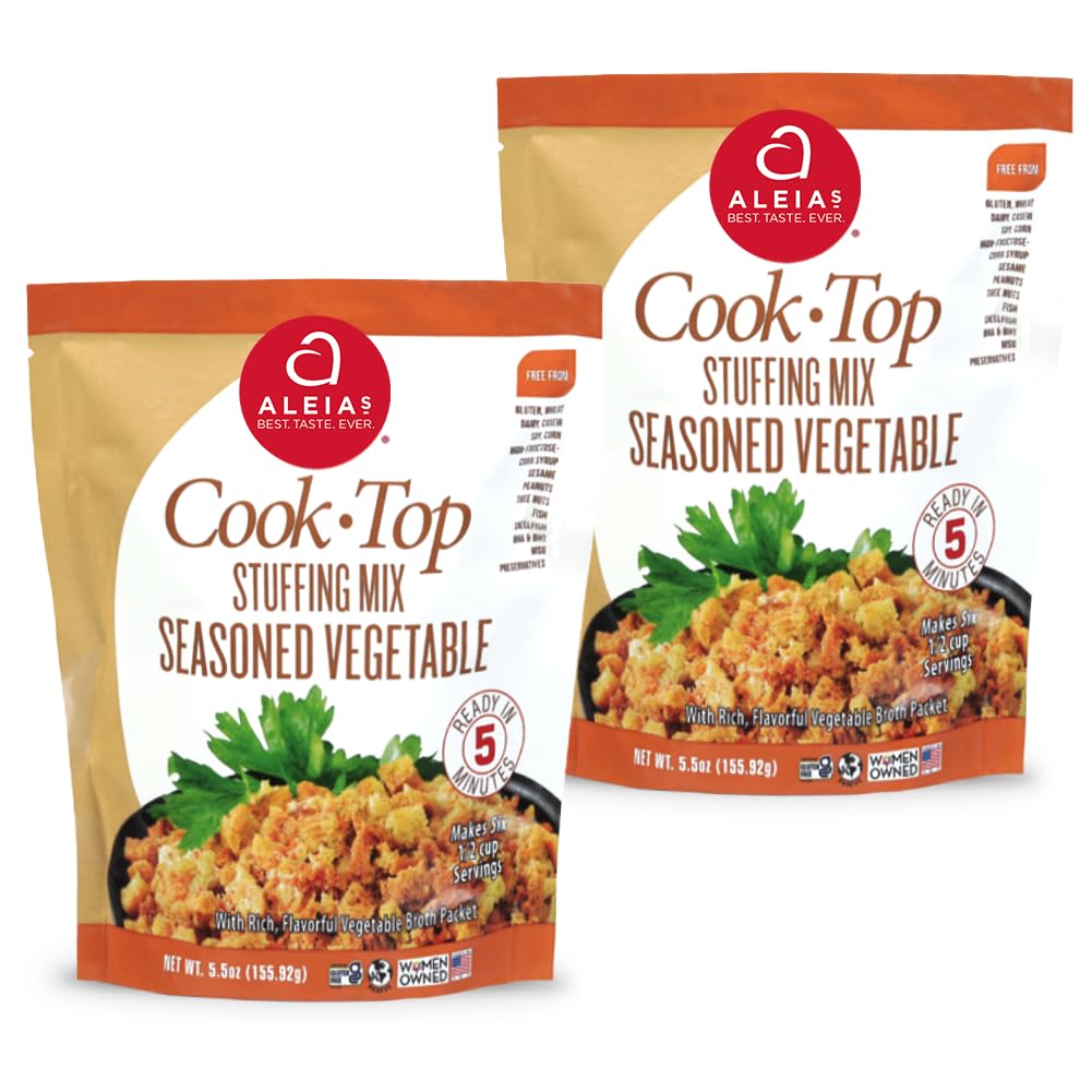 Aleia’s Gluten Free Cook Top Stuffing Mix - Seasoned Vegetable, 5.5oz (2 Pack) - Ready in 5 Minutes - Flavorful Stuffing for Gluten-Free Recipes