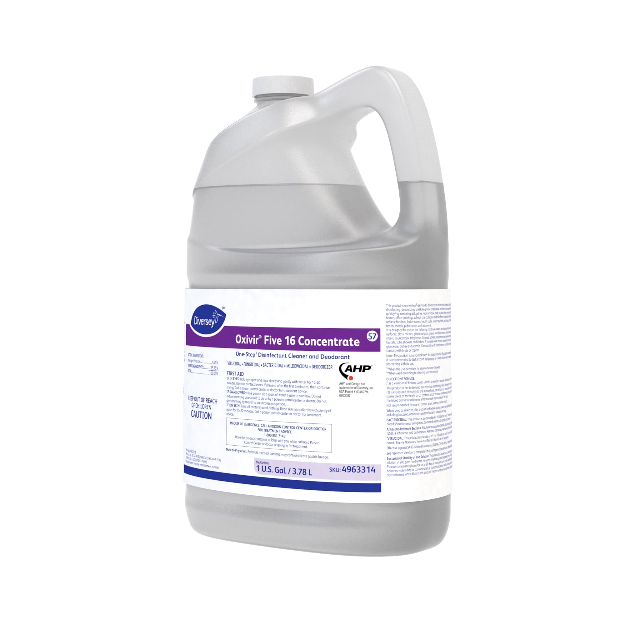 Oxivir Diversey 4963314 Five 16 One-Step Hospital Strength Disinfectant Liquid Cleaner, Accelerated Hydrogen Peroxide, Concentrate, 1-Gallon