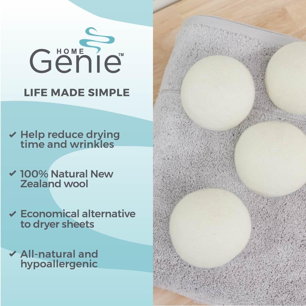 HOME GENIE Wool Reusable Dryer Balls XL, Anti Static Fast Drying Laundry for Pet Hair, Reduces Clothing Wrinkles, Lint, Natural Fabric Softener