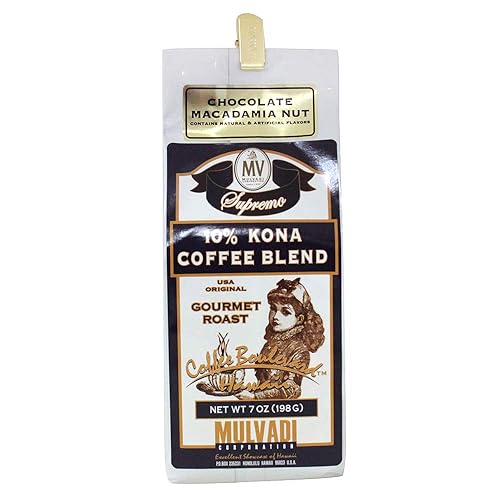 Mulvadi 10% Kona Coffee Blend, Chocolate Macadamia Nut Flavor, Ground Coffee 7 oz + Aloha Hawaii Bag Clip