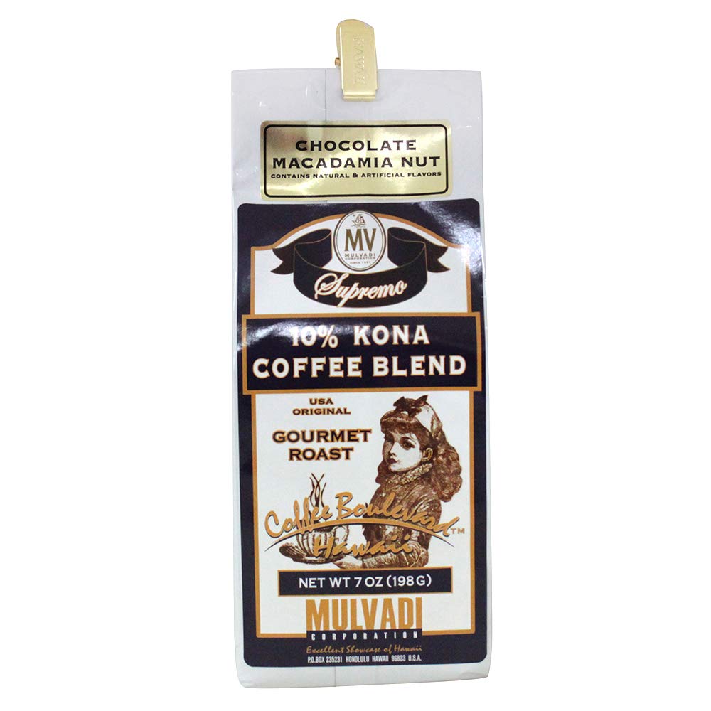 Mulvadi 10% Kona Coffee Blend, Chocolate Macadamia Nut Flavor, Ground Coffee 7 oz + Aloha Hawaii Bag Clip