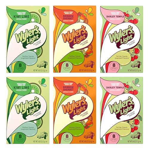 Wyler’s Light Water Flavoring Packets - Tropical Variety 6 Pack, 2 of Each Flavor - Kiwi Lime, Shirley Temple, Rainbow Sherbet - Sugar Free Singles