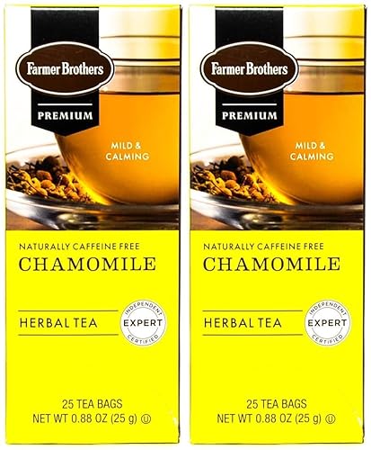 Farmer Brothers Premium Chamomile Herbal Tea, Naturally No Caffeine, Mild & Calming, 25 Count (Pack of 2)