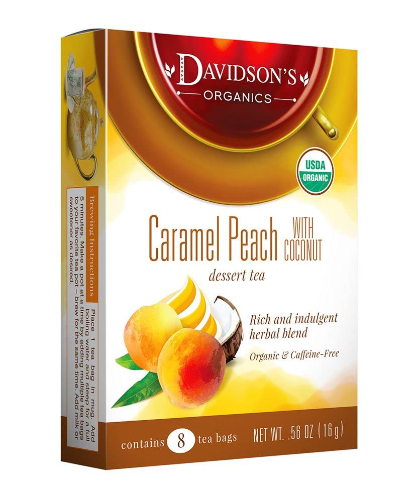 Davidson's Organics, Caramel Peach with Coconut, 8-count Tea Bags, Pack of 12
