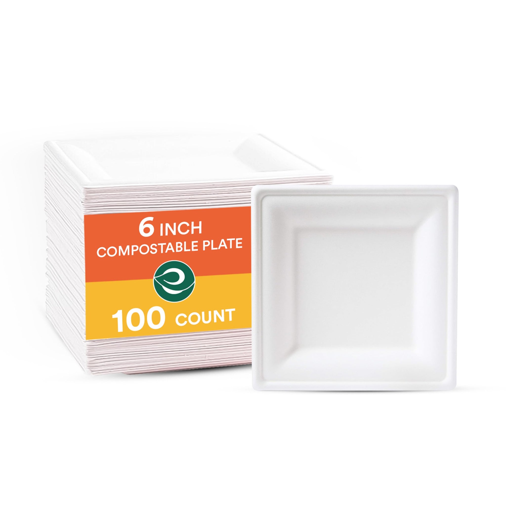 ECO SOUL Compostable Paper Plates 6 Inch, 100 Pack - Small Disposable Dessert Plates, Heavy Duty, White Bagasse, Leak-Resistant, Microwave Safe