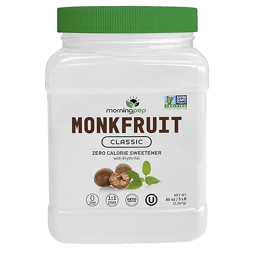 Morning Pep Monk Fruit Sweetener, Classic | White Sugar Substitute, Keto Diet Friendly, 1:1 Sugar Replacement, For Baking, Coffee, Tea, Zero Calorie Non Gmo Project Verified, OU Kosher, White - 5 lb