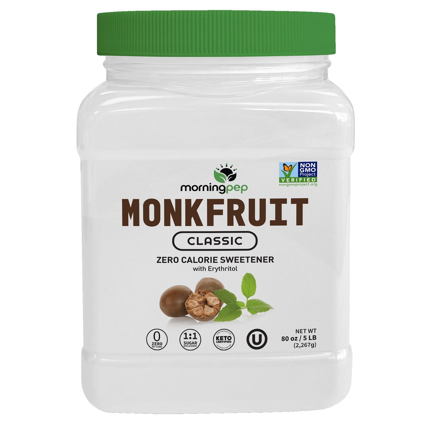 Morning Pep Monk Fruit Sweetener, Classic | White Sugar Substitute, Keto Diet Friendly, 1:1 Sugar Replacement, For Baking, Coffee, Tea, Zero Calorie Non Gmo Project Verified, OU Kosher, White - 5 lb