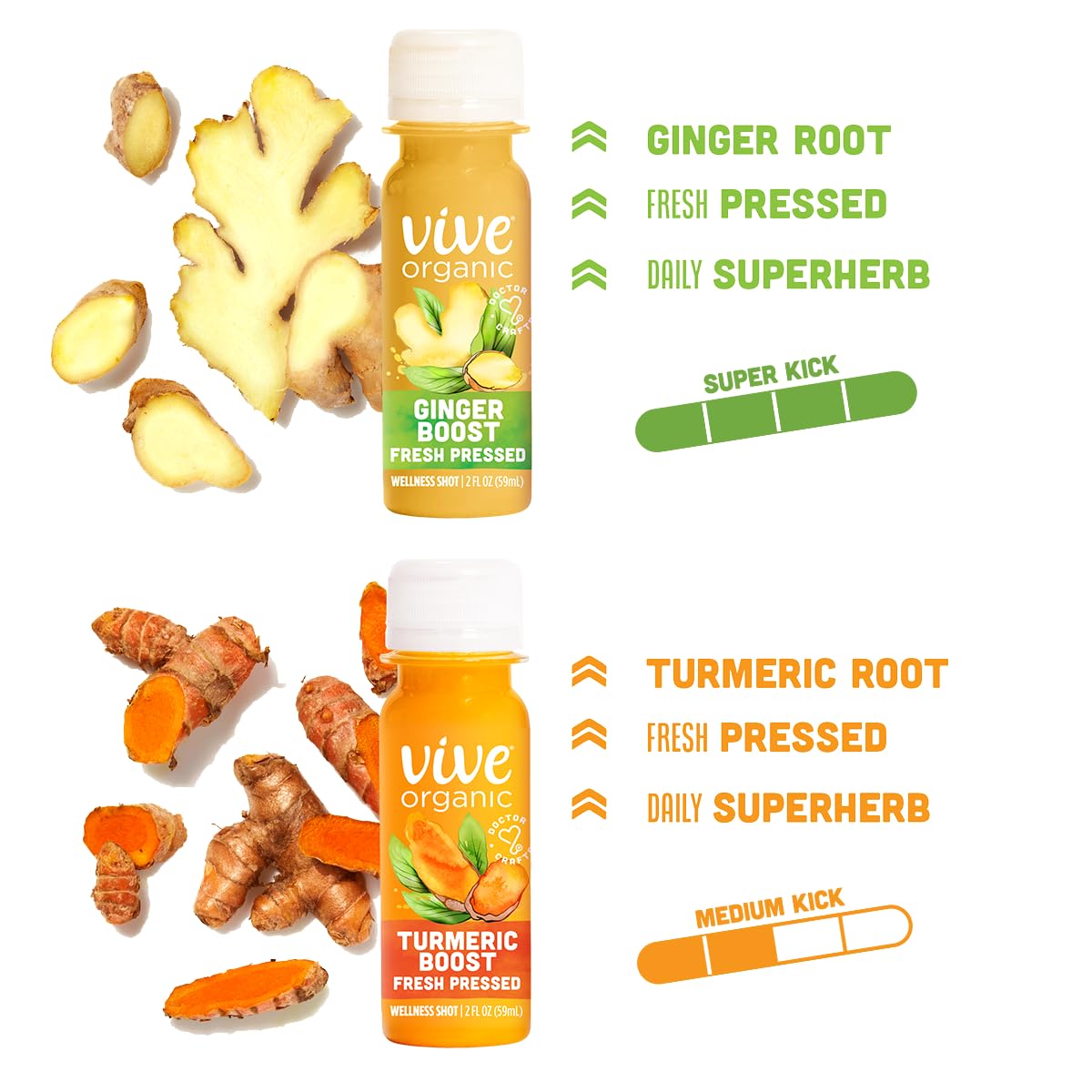 Vive Organic Immune Support Ginger Shot + Turmeric Shot Variety Pack, Cold-Pressed Ginger Root & Turmeric, Gluten Free, Vegan, Immunity Booster, 2 Fl
