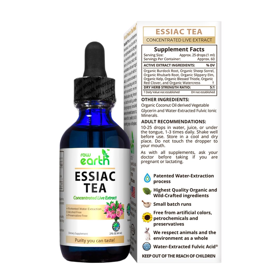 Raw Earth ESSIAC Tea Extract - 8 Organic Herbs & Sheep Sorrel Roots! - USA & EU Grown Herbs - Made in the USA - Patented Process - Raw & BioActive