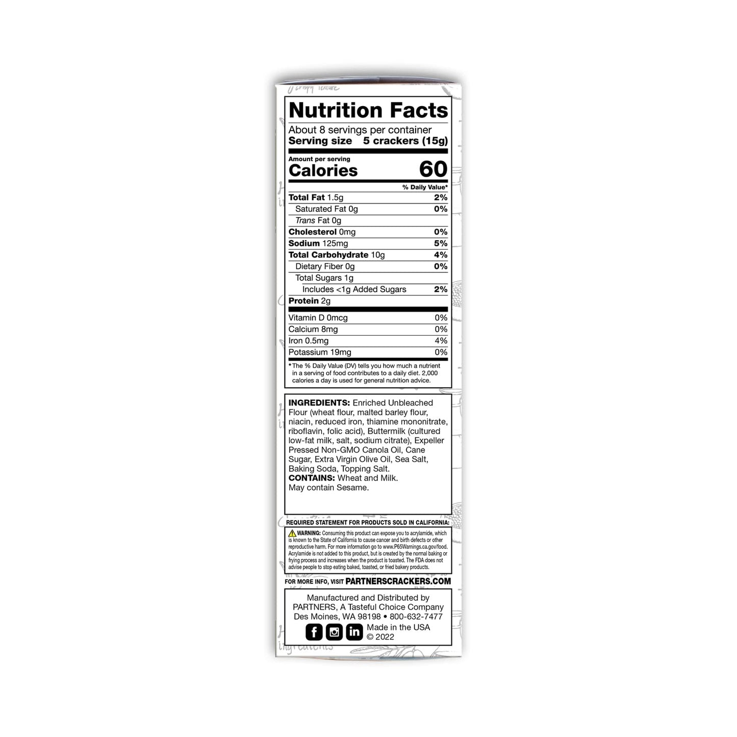 Partners Snack Crackers, Olive Oil & Sea Salt, 5 Ounce (Pack of 6), Made with Real Ingredients, Non-GMO, Kosher