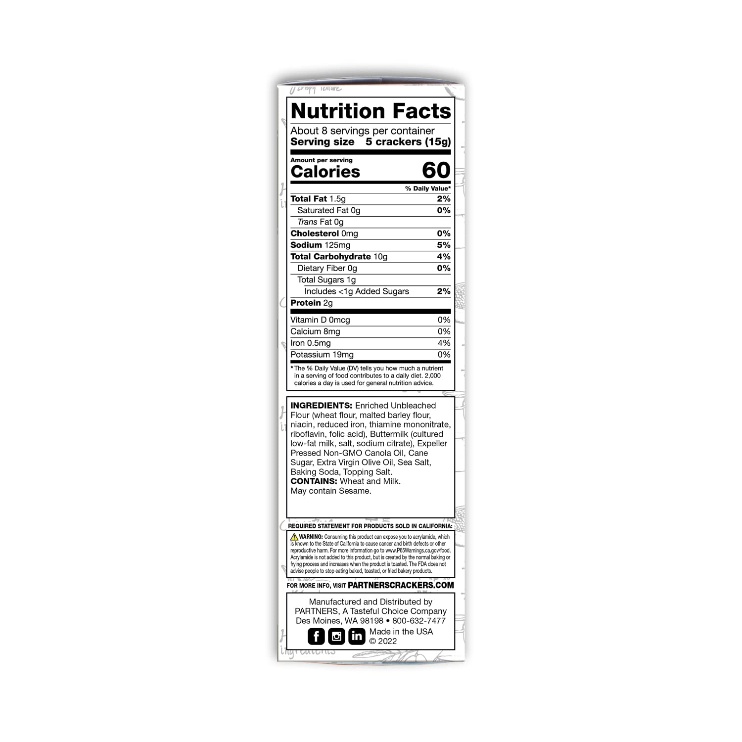 Partners Snack Crackers, Olive Oil & Sea Salt, 5 Ounce (Pack of 6), Made with Real Ingredients, Non-GMO, Kosher