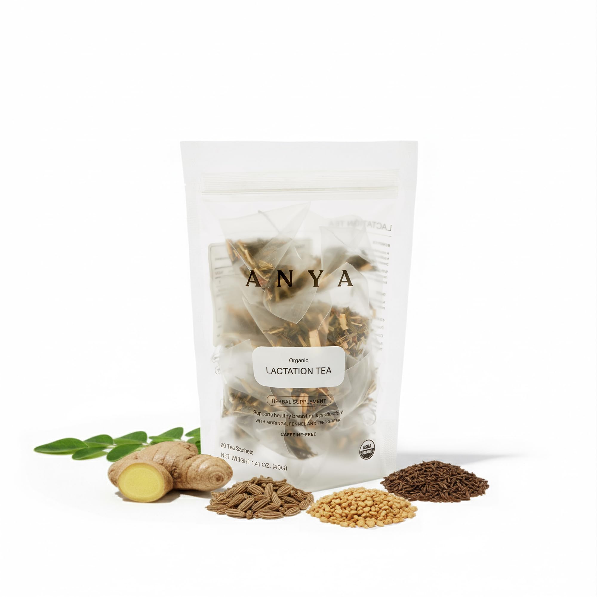 ANYA Herbal Lactation tea, 20 bags - Ginger, Moringa, Fenugreek, Toxicologist-approved, Breastfeeding Safe. Organic Essentials hydration