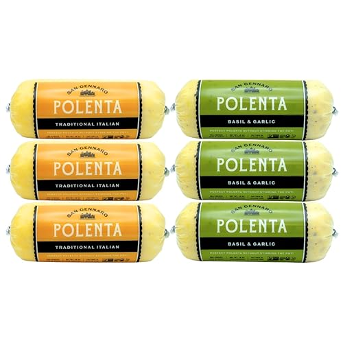 San Gennaro Italian Polenta Variety Pack, 6 Tubes (3 Traditional, 3 Basil & Garlic) | Crafted from Seasoned Yellow Corn | Gluten Free Cornmeal