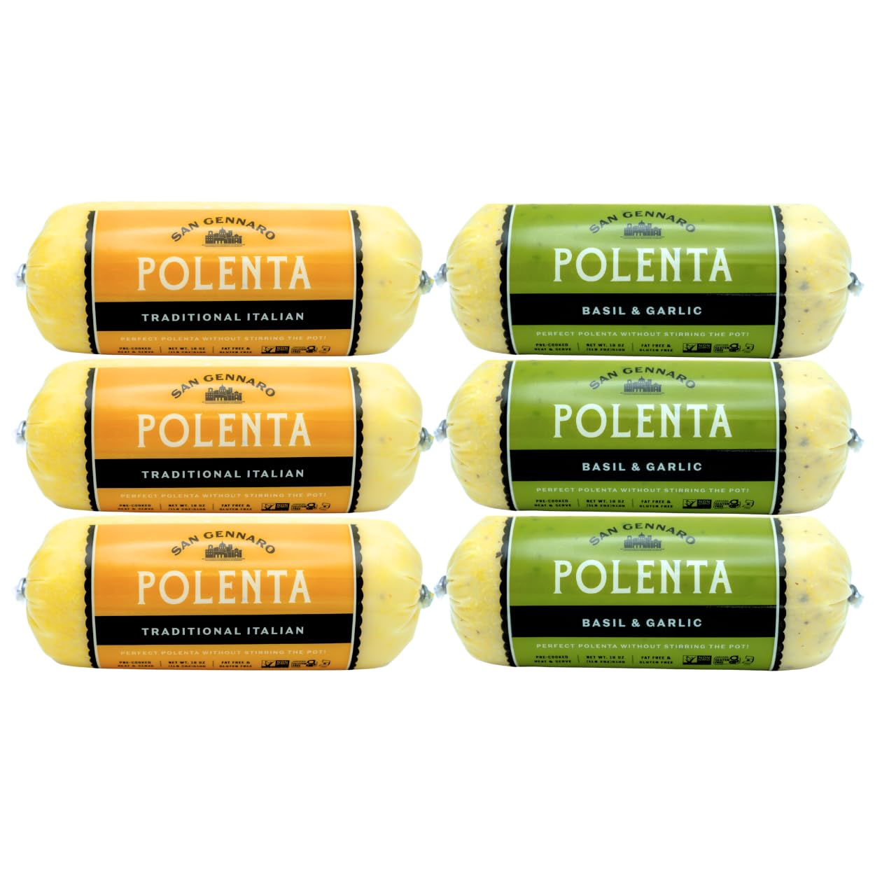San Gennaro Italian Polenta Variety Pack, 6 Tubes (3 Traditional, 3 Basil & Garlic) | Crafted from Seasoned Yellow Corn | Gluten Free Cornmeal