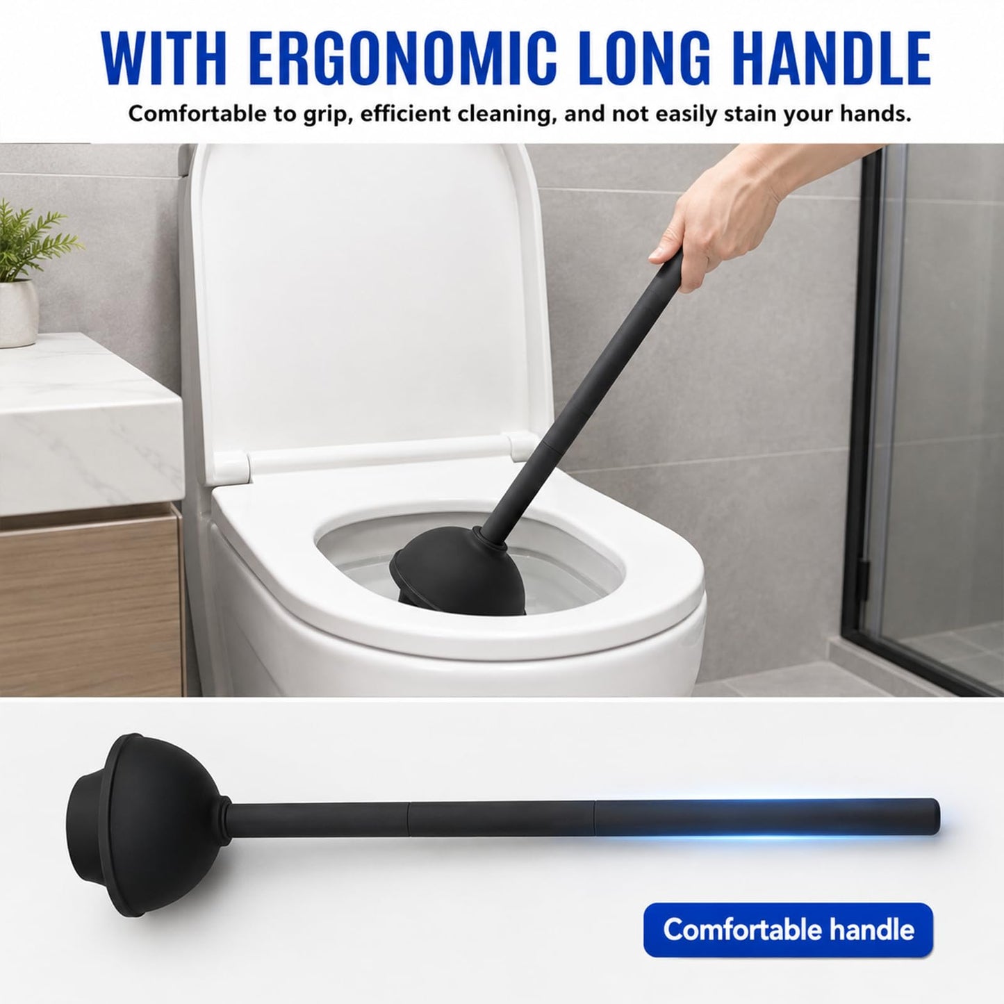VegStow Toilet Plunger and Bowl Brush with Holder, Heavy Duty Toilet Brush and Plunger Set for Bathroom Cleaning, 1 Set (Black)