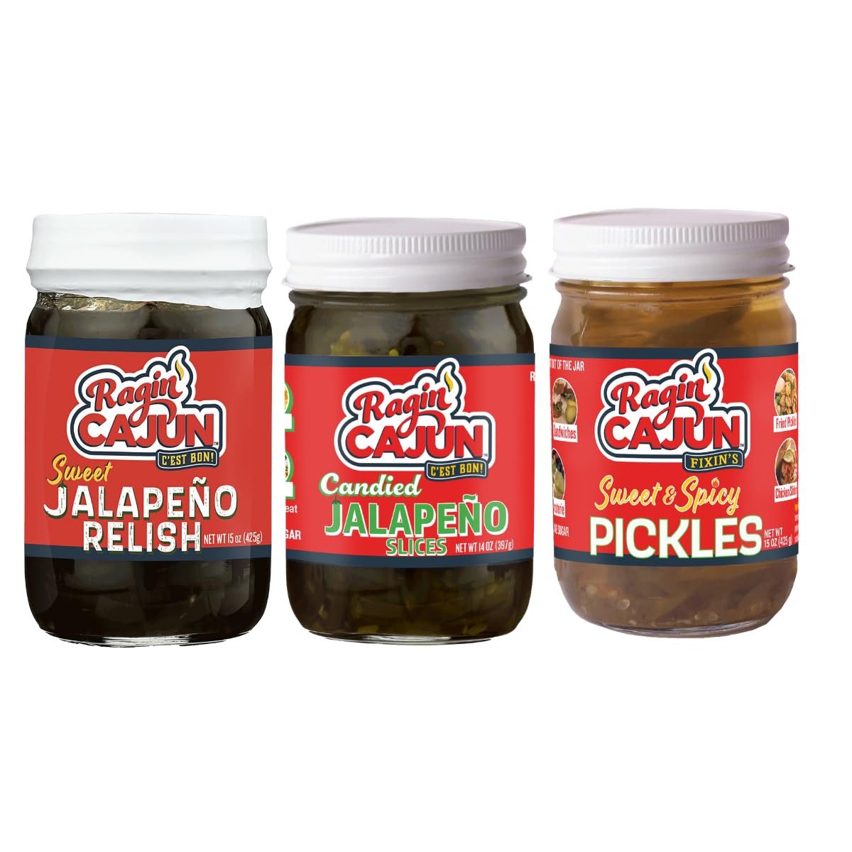 Ragin' Cajun Flavorful Charcuterie Condiment Trio - 1 Jalapeño Relish 15 oz, 1 Jalapeño Slice 14 oz, 1 Spicy Pickle 12 oz, Authentic Louisiana Variety