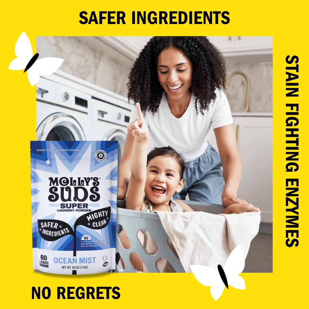 Molly's Suds Super Powder Detergent | Extra Strength Laundry Soap, Stain Fighting | Sensitive Skin | Simple, Effective Ingredients | 60 Loads - Ocean