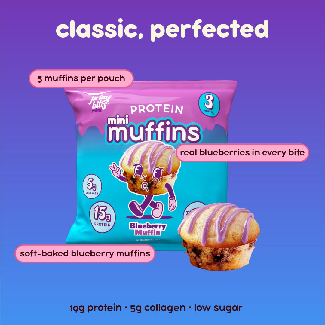 Prime Bites Minis - High Protein Muffin (12 Per Box, Blueberry) - 15g of Protein, 5g of Collagen, Gluten Free, Low Sugar Treat, Delicious Protein