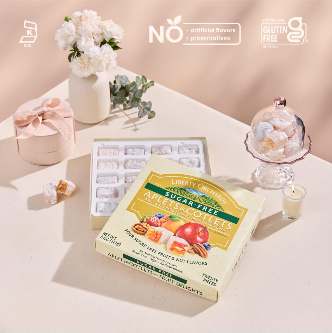 Liberty Orchards, Sugar Free Aplets & Cotlets - Vegan Gourmet Snack, Sugar Free Turkish Delight Candy Gift Box 8 Oz.