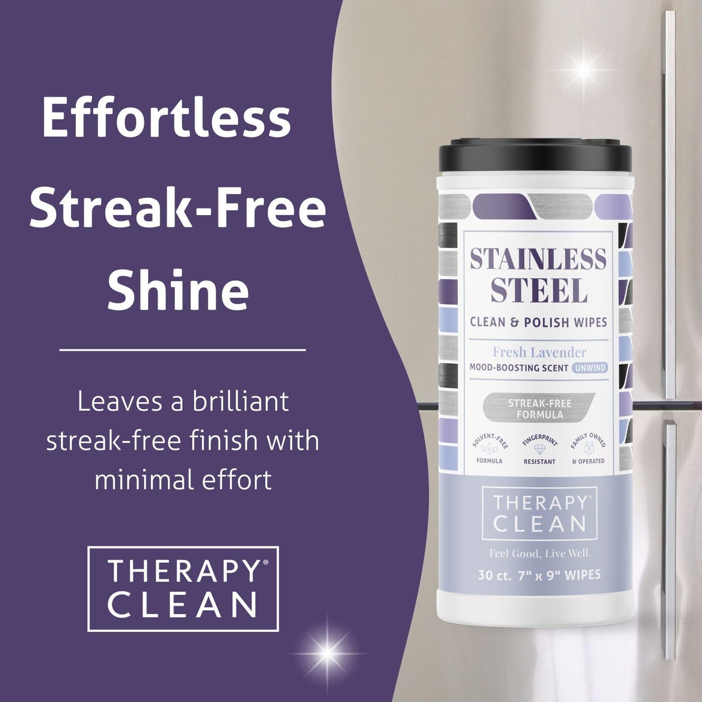 Therapy Stainless Steel Wipes, 30 Count (2 Pack) - Appliance Cleaner for Fridge, Dishwasher, Oven, Stove, Sink, Microwave, and More - Removes Smudges