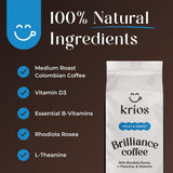Krios Coffee Brilliance Ground Coffee, Enhance Energy & Focus with Essential Vitamins, L-Theanine & Rhodiola Rosea, Medium Roast, Smooth, 10 oz bag