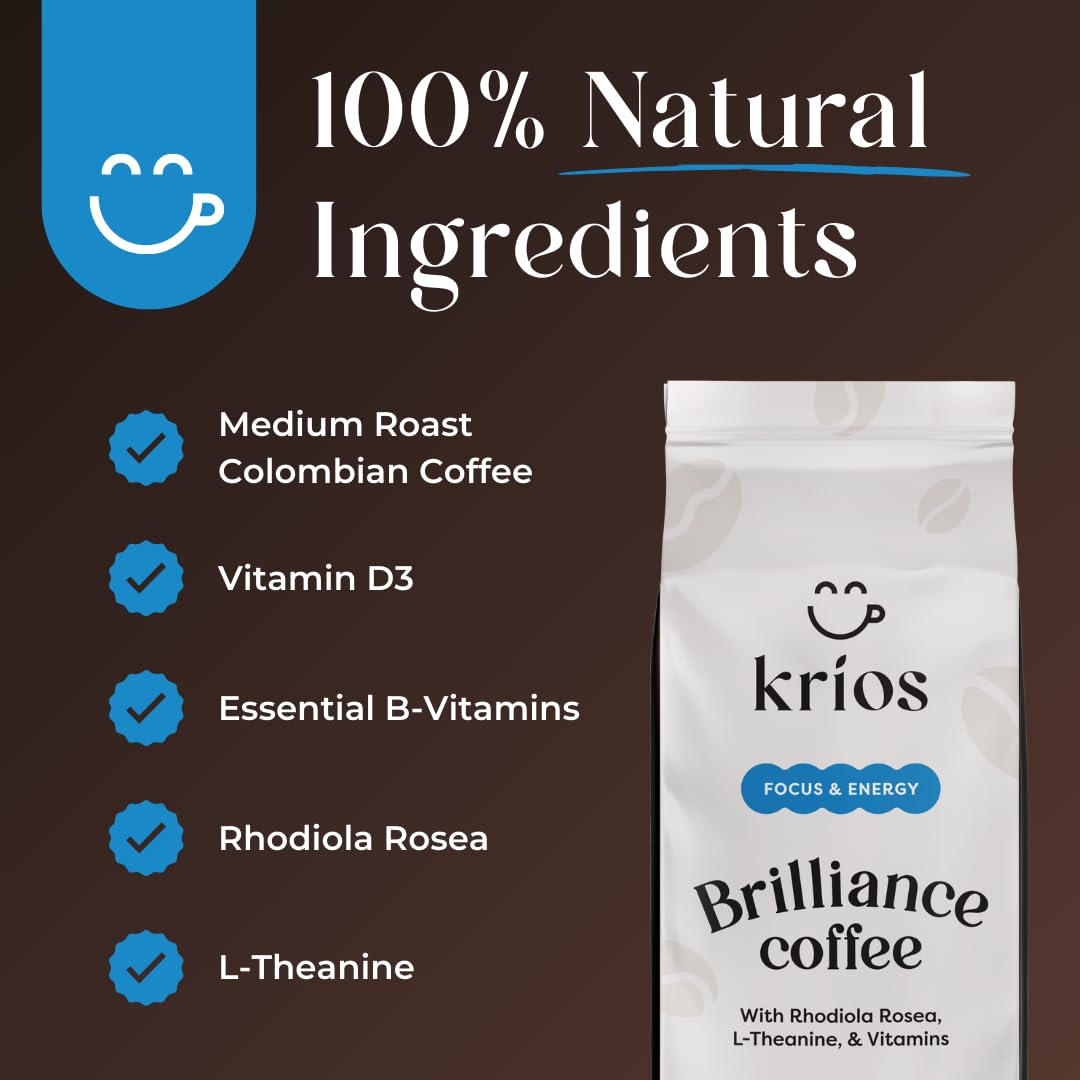 Krios Coffee Brilliance Ground Coffee, Enhance Energy & Focus with Essential Vitamins, L-Theanine & Rhodiola Rosea, Medium Roast, Smooth, 10 oz bag