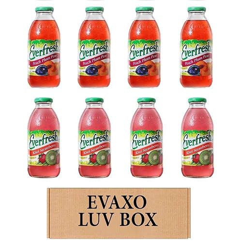 LUV BOX- variety Everfresh Juice 16 oz. pack of 8 , Everfresh Peach Plum Pear , Everfresh 100% Juice- Kiwi Strawberry. by evaxo
