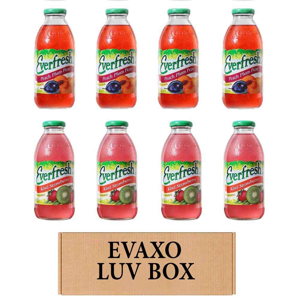 LUV BOX- variety Everfresh Juice 16 oz. pack of 8 , Everfresh Peach Plum Pear , Everfresh 100% Juice- Kiwi Strawberry. by evaxo