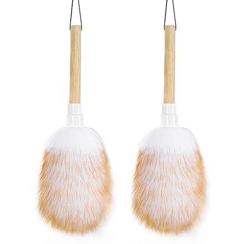 Feather Duster, Lambswool Duster for Cleaning Set of 2, Wooden Handle with Hanging Rope, Washable Reusable Small Hand Duster for Cleaning Wall Plant