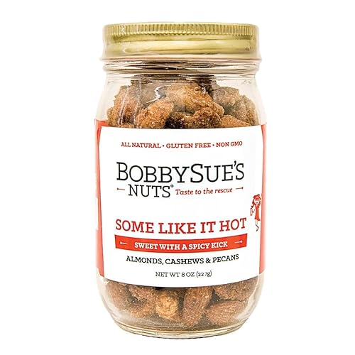 BobbySue's Nuts Some Like It Hot Gourmet Nut Mix, Spicy Snacks, All Natural, Gluten Free, Low Sugar, and High Protein Nuts Mix of Almonds, Cashews