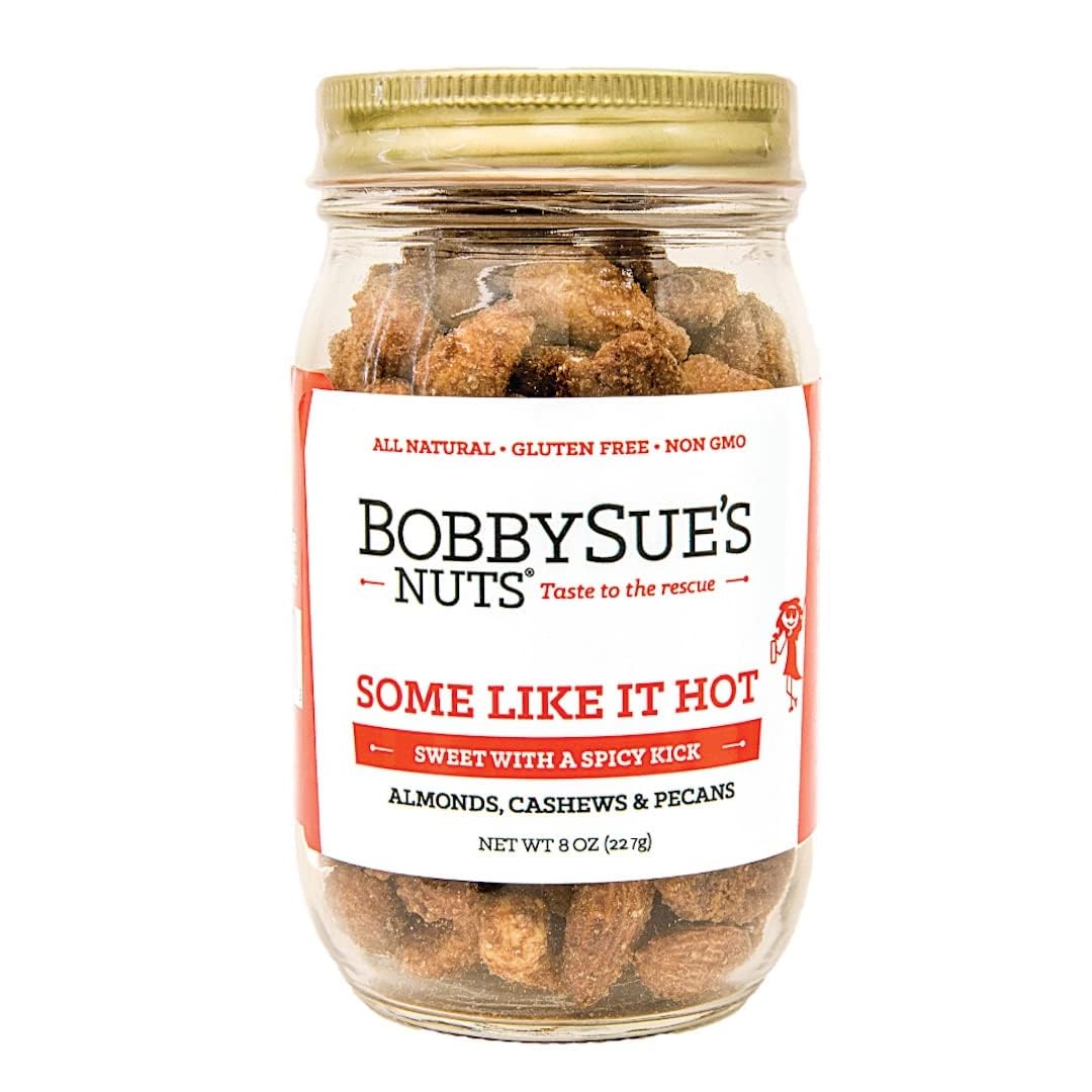 BobbySue's Nuts Some Like It Hot Gourmet Nut Mix, Spicy Snacks, All Natural, Gluten Free, Low Sugar, and High Protein Nuts Mix of Almonds, Cashews