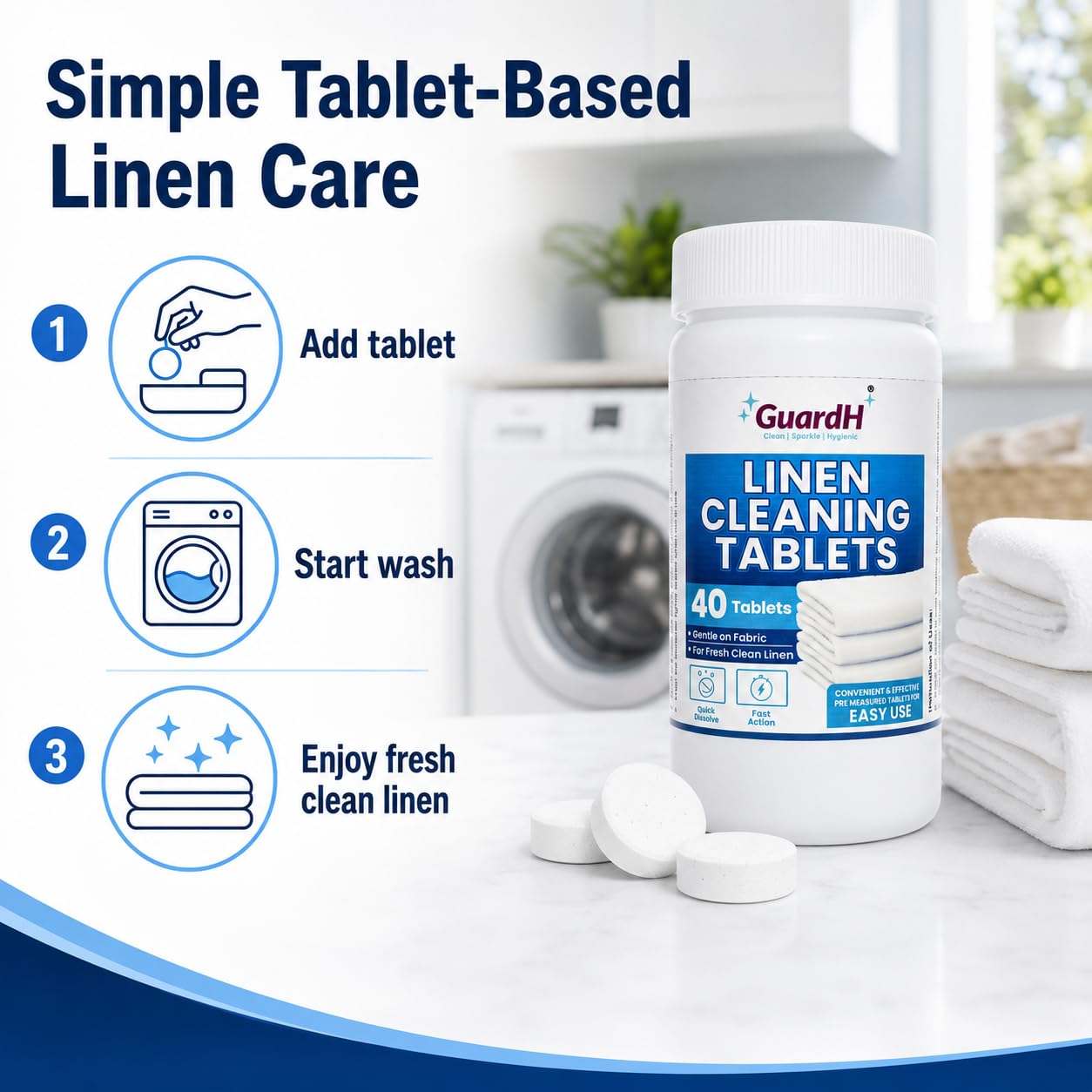 GuardH Linen Cleaning Tablets - 40 Count | Fast Dissolving, Gentle on Fabric | Removes Tough Stains & Odors | Easy-to-Use Laundry Booster