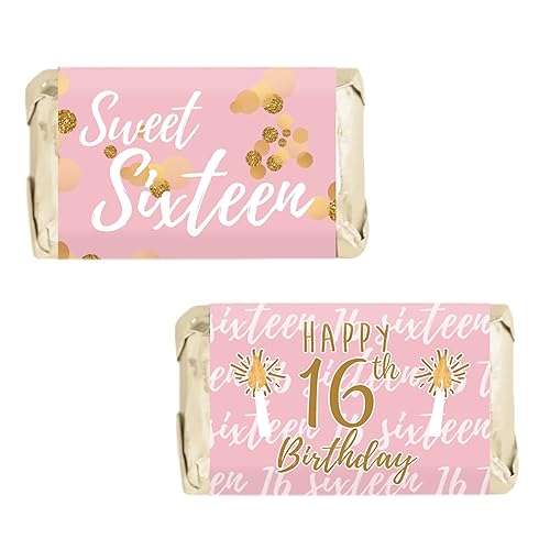 DISTINCTIVS Pink and Gold Sweet 16 Mini Candy Bar Wrappers - 42 Count - Sweet Sixteen Birthday Party Favors for Girls