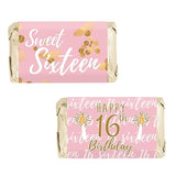DISTINCTIVS Pink and Gold Sweet 16 Mini Candy Bar Wrappers - 42 Count - Sweet Sixteen Birthday Party Favors for Girls